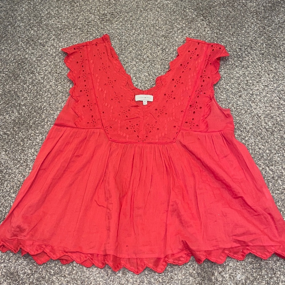 Lucky Brand Coral Lace and Embroidered Top